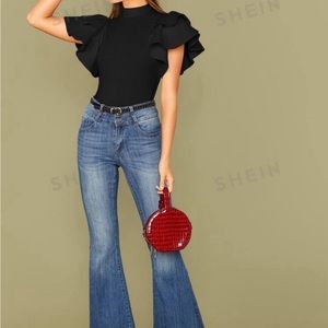 Mock-neck Layered Exaggerate Butterfly Sleeve Fitted Bodysuit